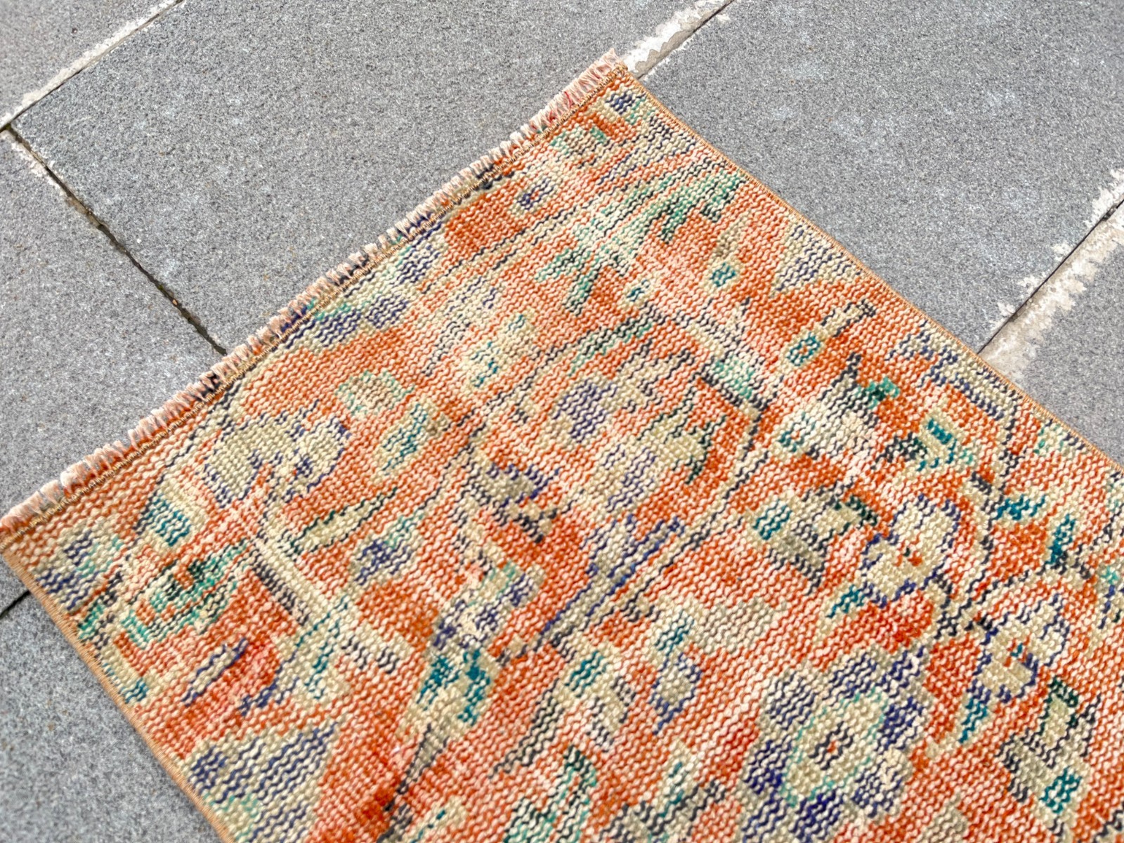 Vintage Turkish Rug 1.6×2.2 ft Small Orange Blue Boho Anatolian Accent Rug