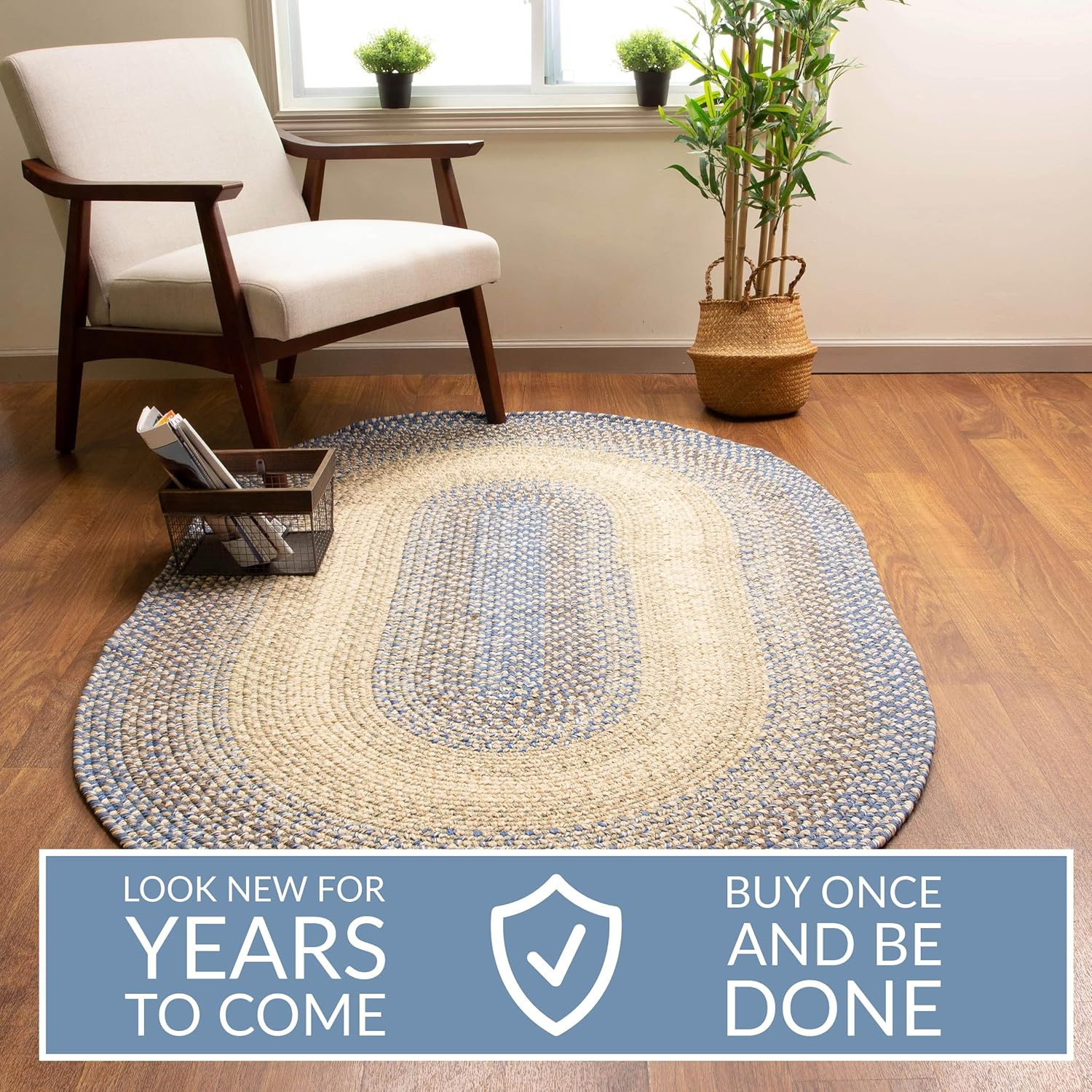 Reversible 4′ Round Braided Rug – Blue/Beige Farmhouse Indoor/Outdoor Rug