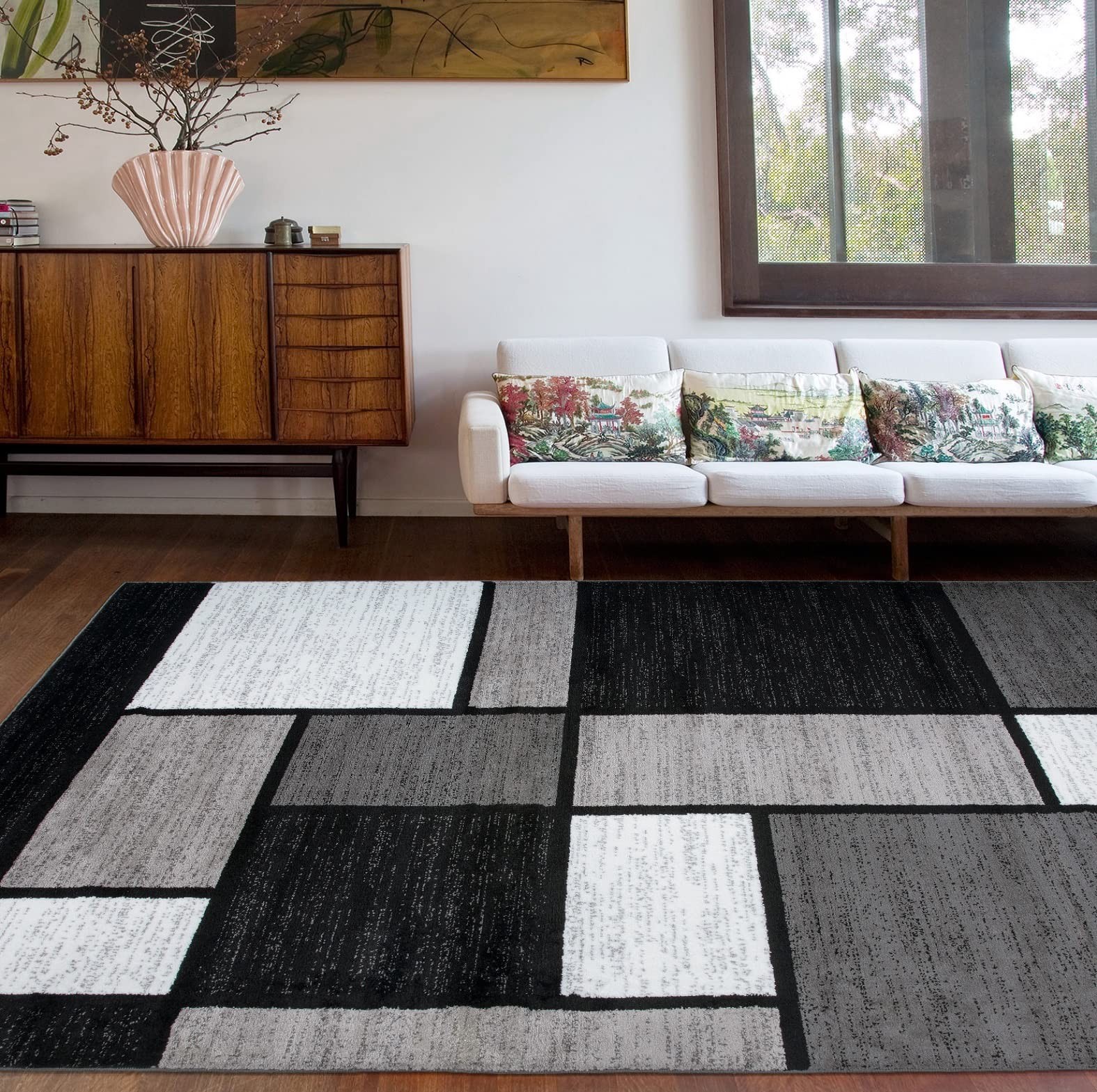Contemporary Grey Rectangular Area Rug 710X102 Elegant Box Pattern Durable