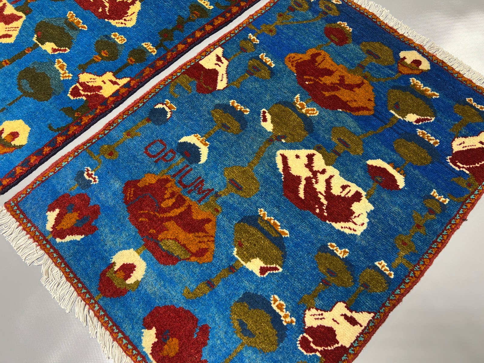 2×2 Set of 2 Afghan Blue Poppy Rugs Handmade Wool Opium Floral Tribal Accent