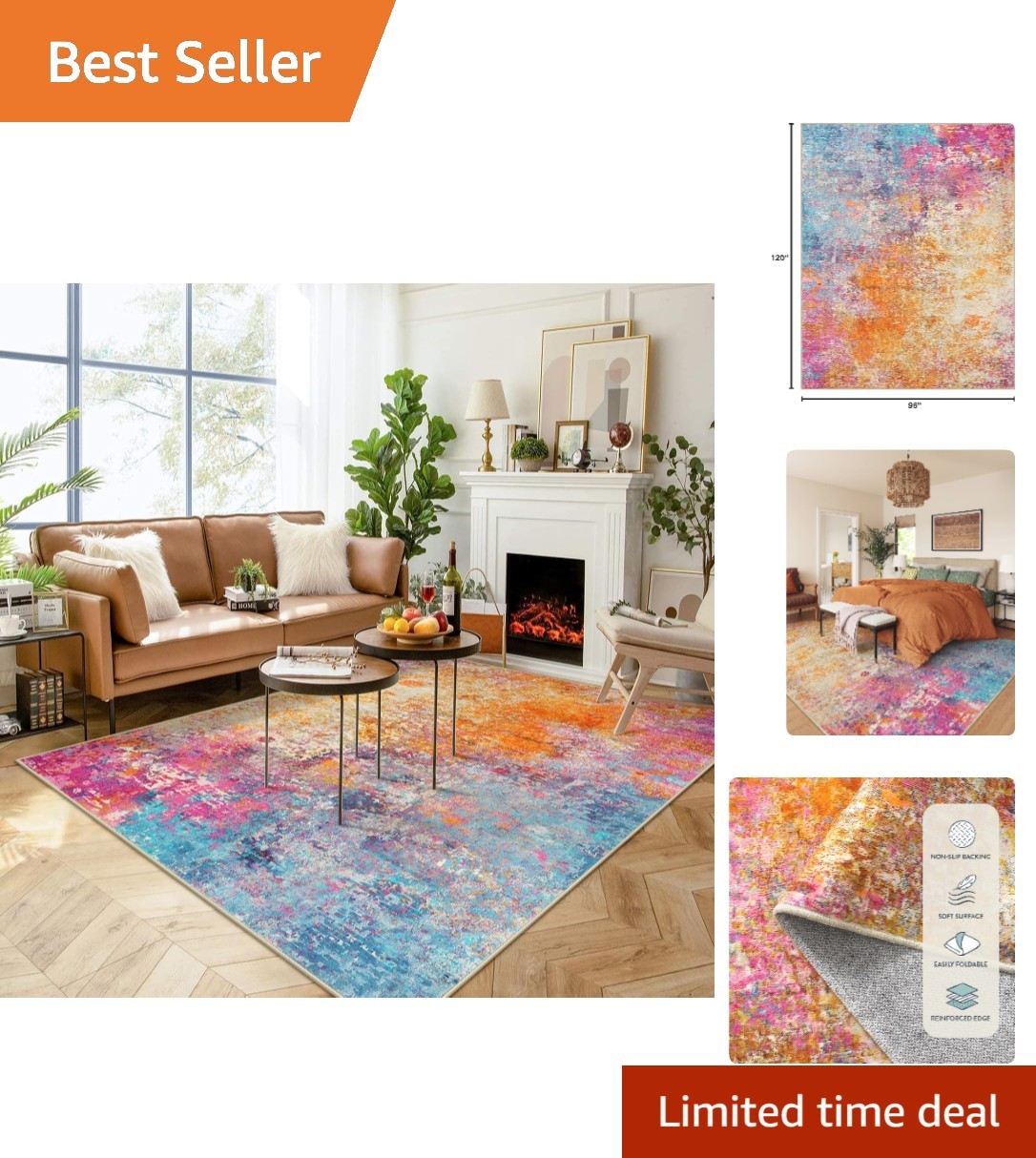 Colorful 8×10 Abstract Rug – Soft Washable Indoor Carpet for Kids & Pets