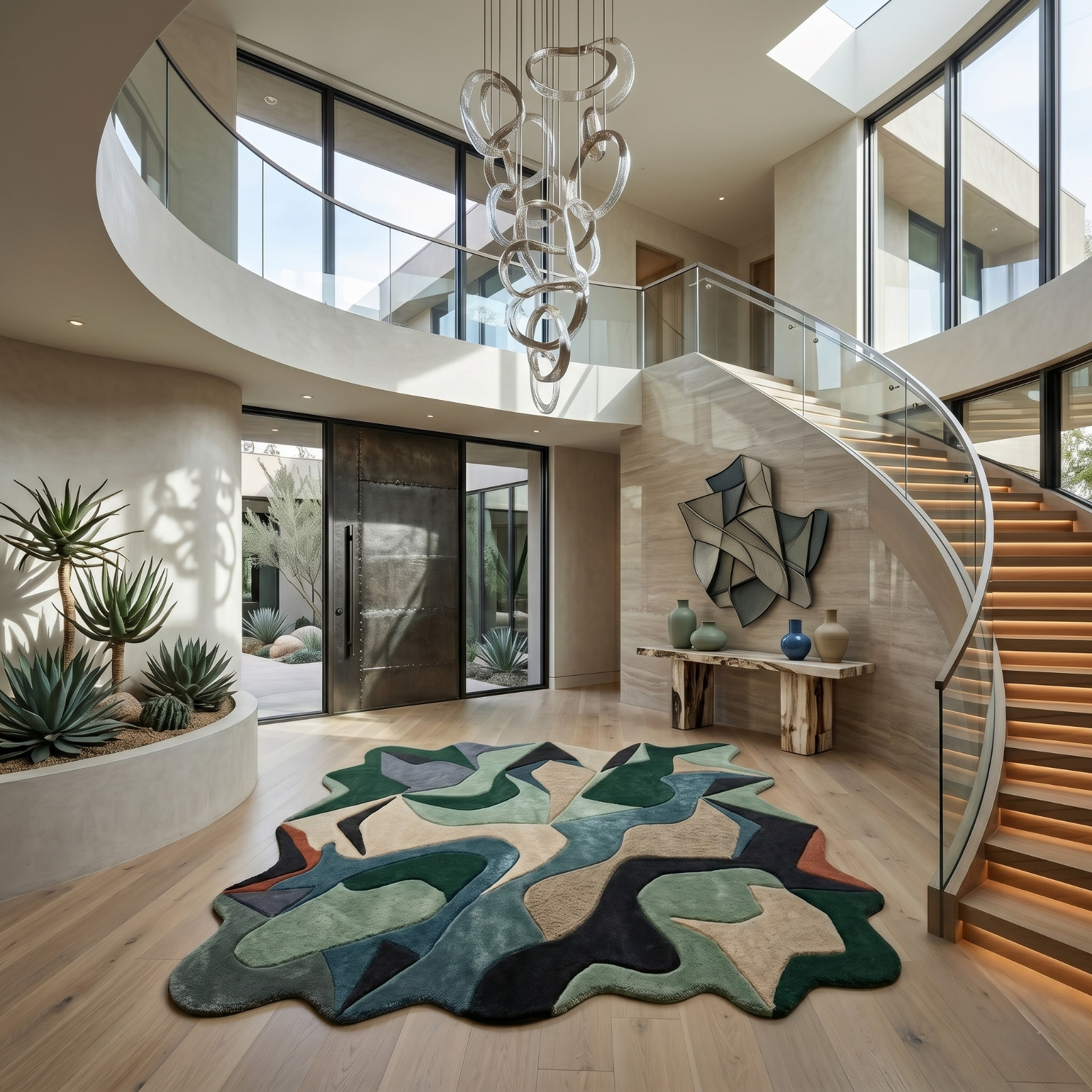 8×10 Green Teal Rust Abstract Wavy Hand Tufted Wool Rug Modern Living Room Area