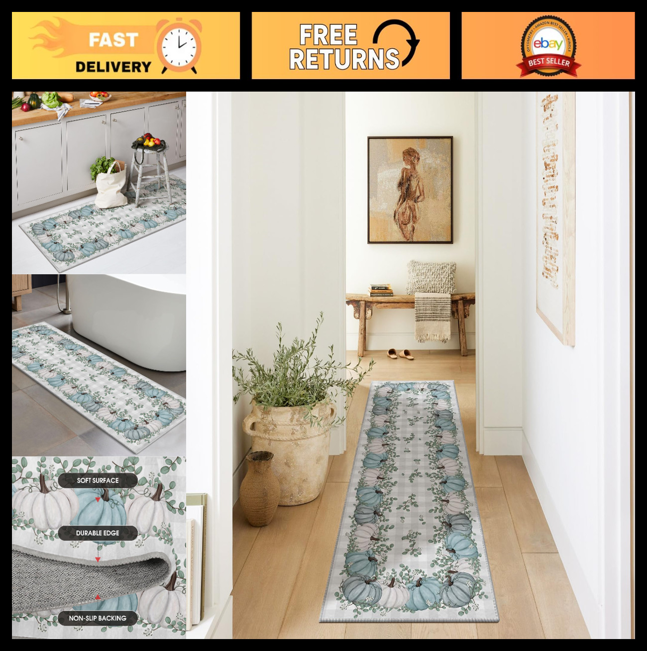 Blue Pumpkins Eucalyptus Leaves Fall Area Rug 2×6 Feet – Autumn Home Decor
