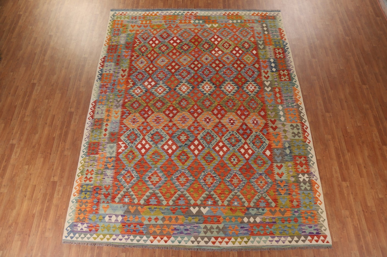 Reversible Wool Kilim Area Rug 10×13 Rust South-western Flat-weave Nomad Carpet