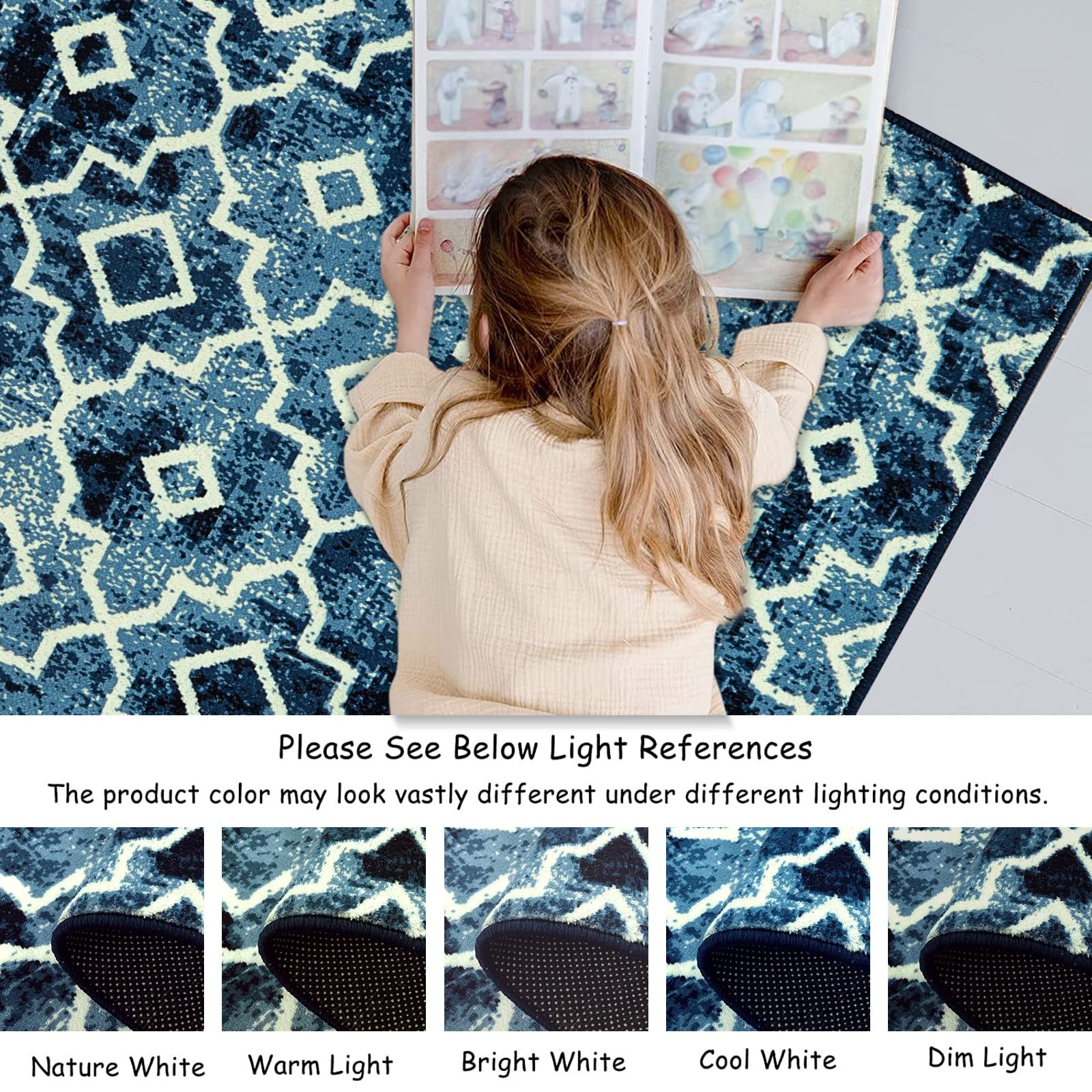 Moynesa Washable Moroccan Area Rug – 2×3 Small Blue Kitchen Bath Rug, Soft Non-S