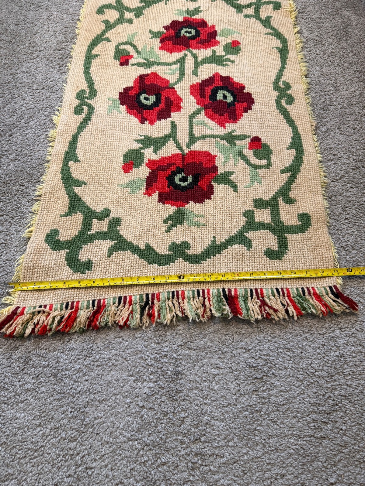 Vtg Floral Poppy Design Woven Textile Tapestry Rug Carpet Handmade 40″ x 23″