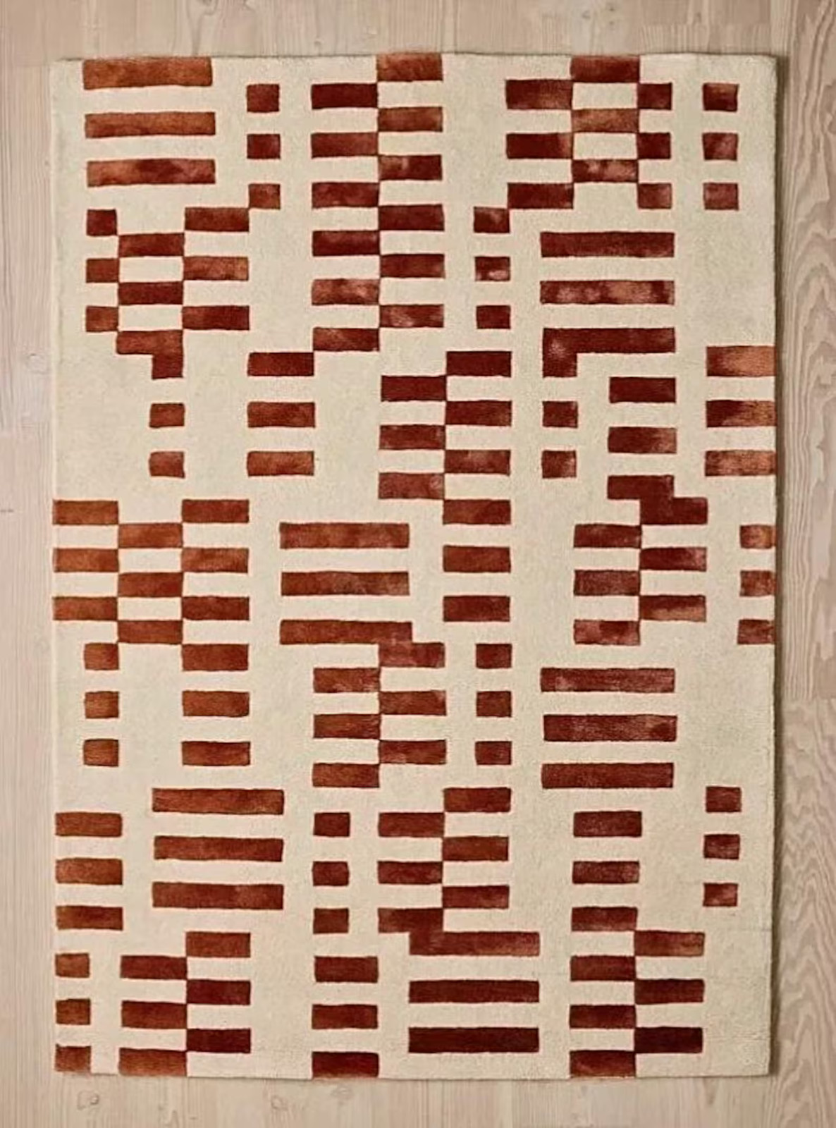 Hand Tufted Beige & Rus Wool Rug, Abstract Geometric Thick Pile Carpet Rug