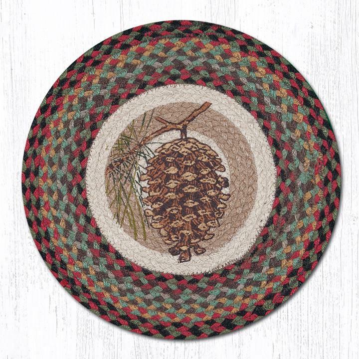 2 PC Braided Jute Round Stenciled Placemat/Trivet/Swatch. Earth Rugs. PINECONE