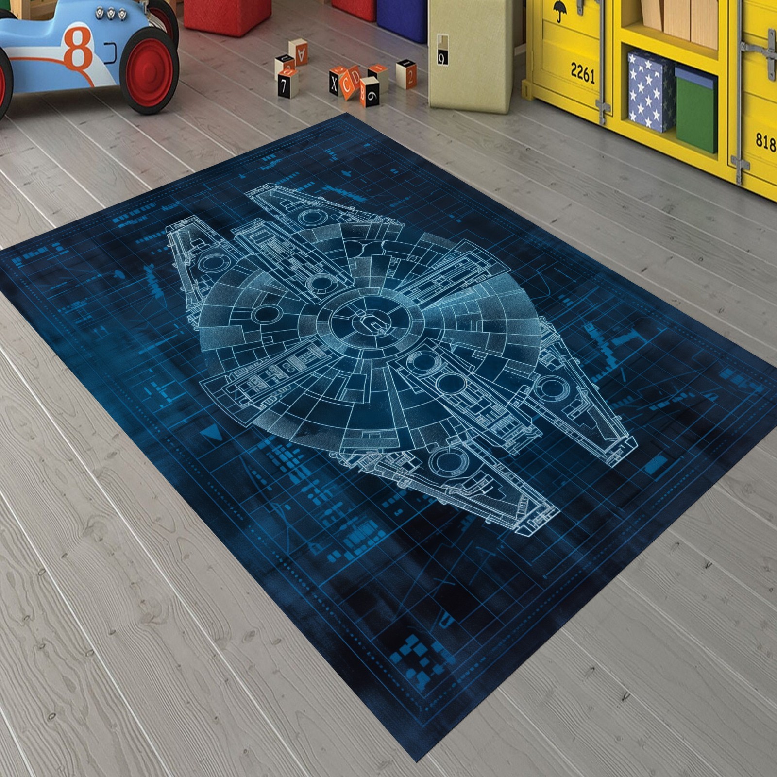 Galaxy Spaceship Rug,Blue Blueprint Carpet,Futuristic Starship Design,SciFi Rugs