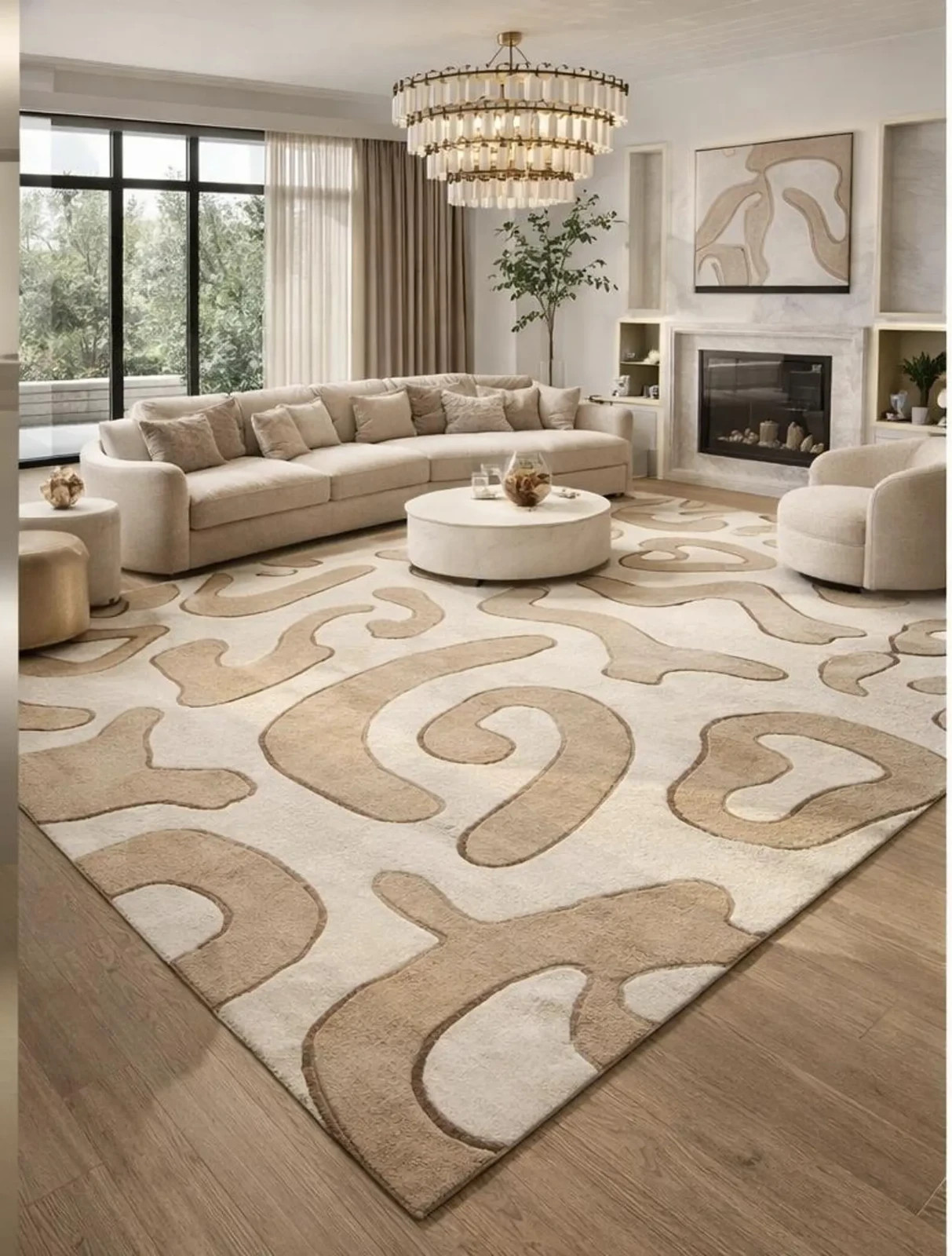 Hand Tufted Wool Area Rug, Abstract Beige Design, Modern Luxury Carpet living