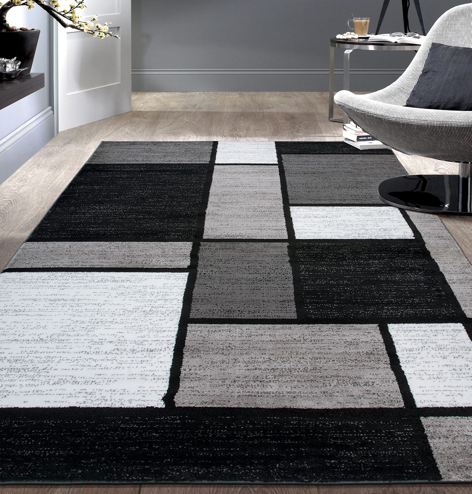 Contemporary Grey Rectangular Area Rug 710X102 Elegant Box Pattern Durable