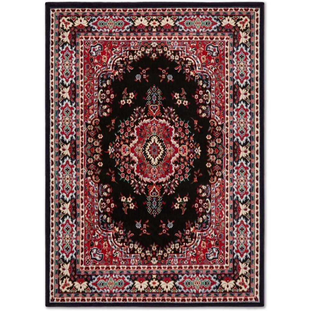 Traditional Medallion Oriental Area Rug Black and Red 21×35 Inches Vintage
