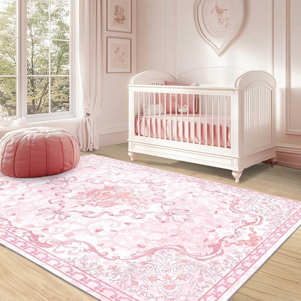 Pink Bow Rug for Bedroom Girls,5X7 Nursery Rugs for Living Room with Soft Low Pi