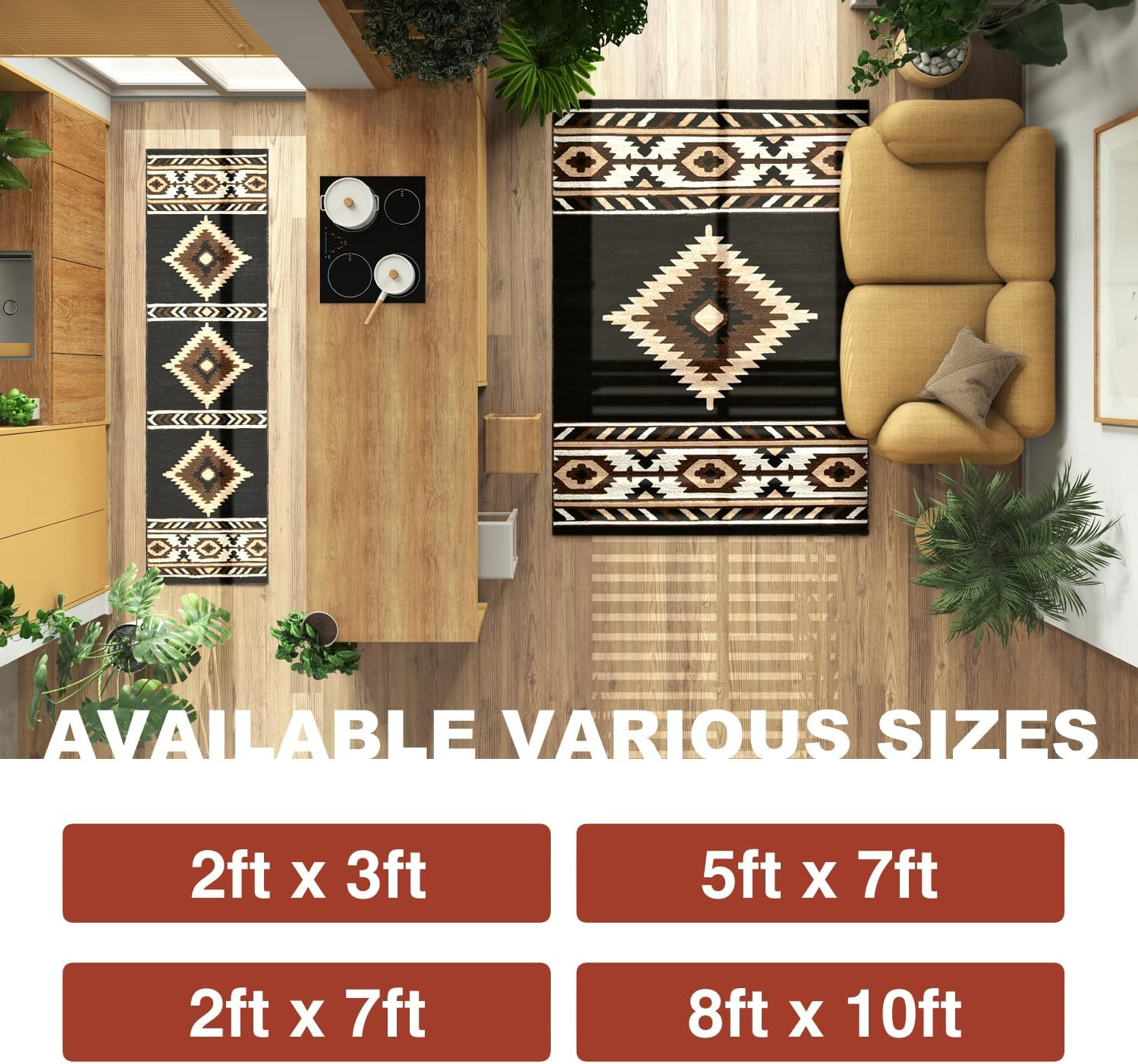 Southwestern Area Rug – anti Static & Washable – Black, 8 Ft X 10 Ft | Soft Nati