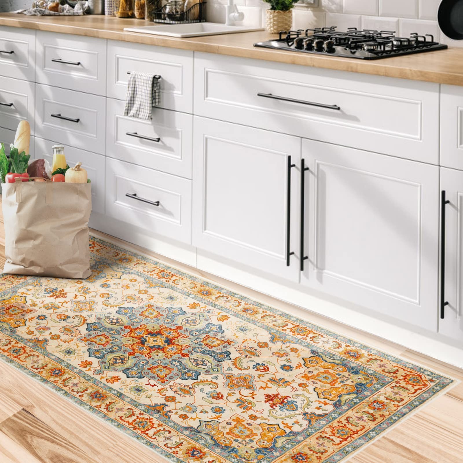 Boho Distressed Area Rug 2′ x 4′, Machine Washable Faux Wool Non-Slip Small R…