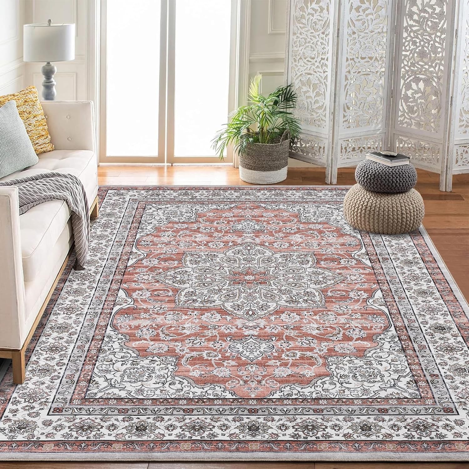 US Washable Area Rug Low-Profile Non-Slip Backing Durable Edge Bind Vintage Rugs