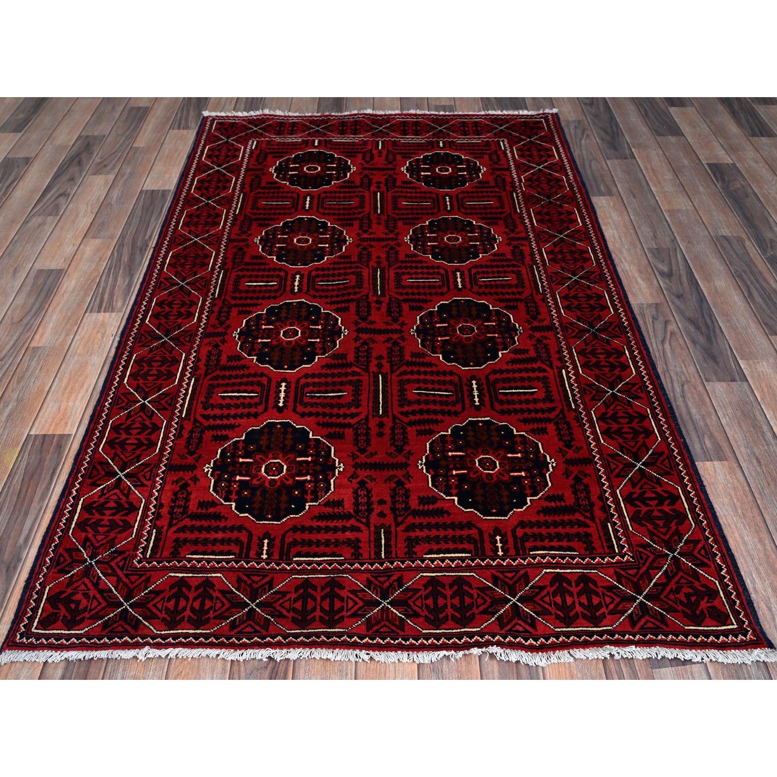 4’x6’4″ Red Afghan Khamyab Tribal Medallions Design Wool Hand Knotted Rug R669
