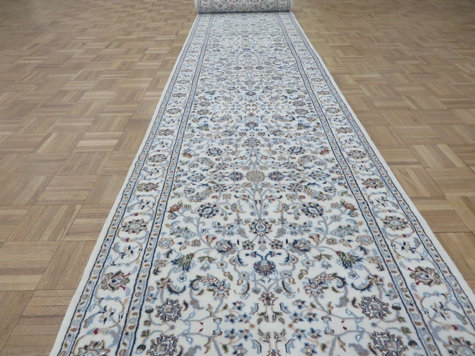 2’8 x 19’10 Hand Knotted Ivory Nain All Over Design Runner Rug With SIlk G16152