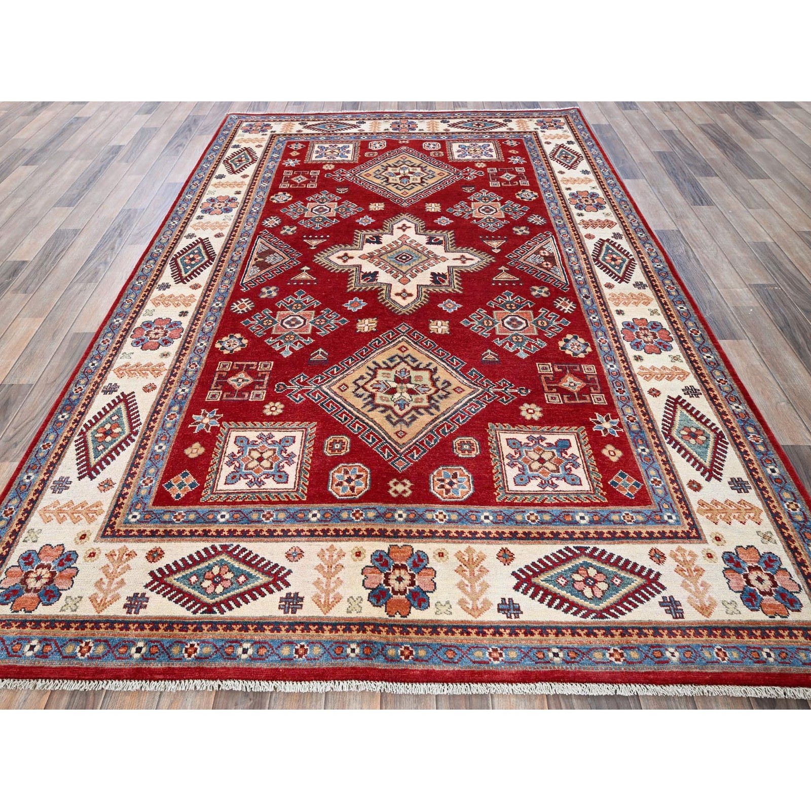 6’x8’10” Red Afghan Special Kazak Geometric Pattern Hand Knotted Wool Rug R315