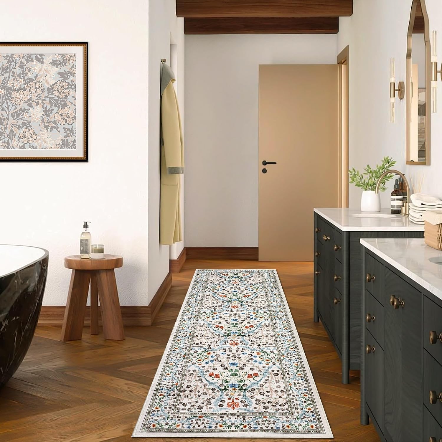 Boho Floral Washable Area Rug Non Slip Living Bedroom Kitchen Laundry Entryway