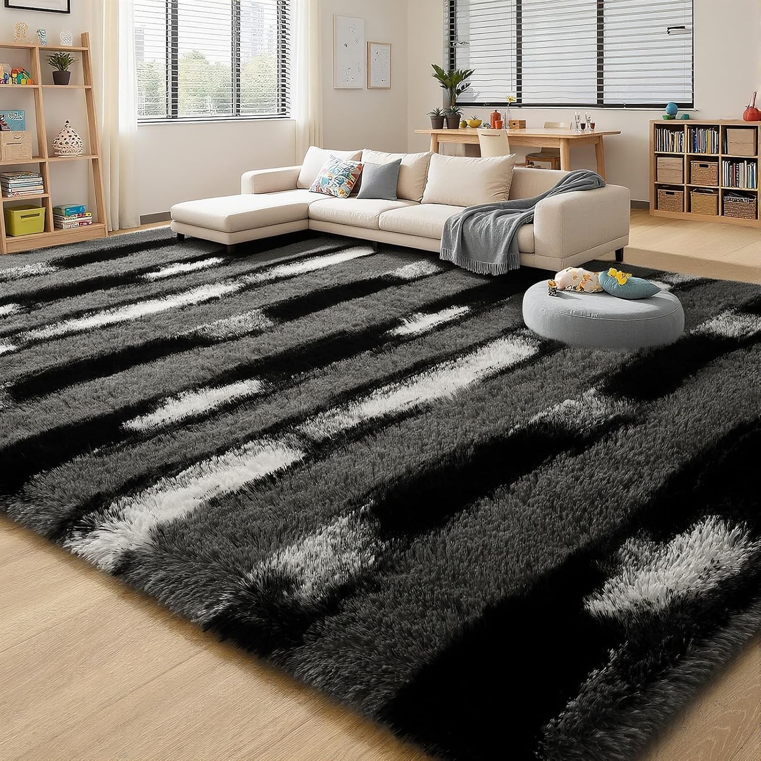 Fluffy Area Rugs for Bedroom Living Room, 4X6 Black and Grey Soft Plush Striped