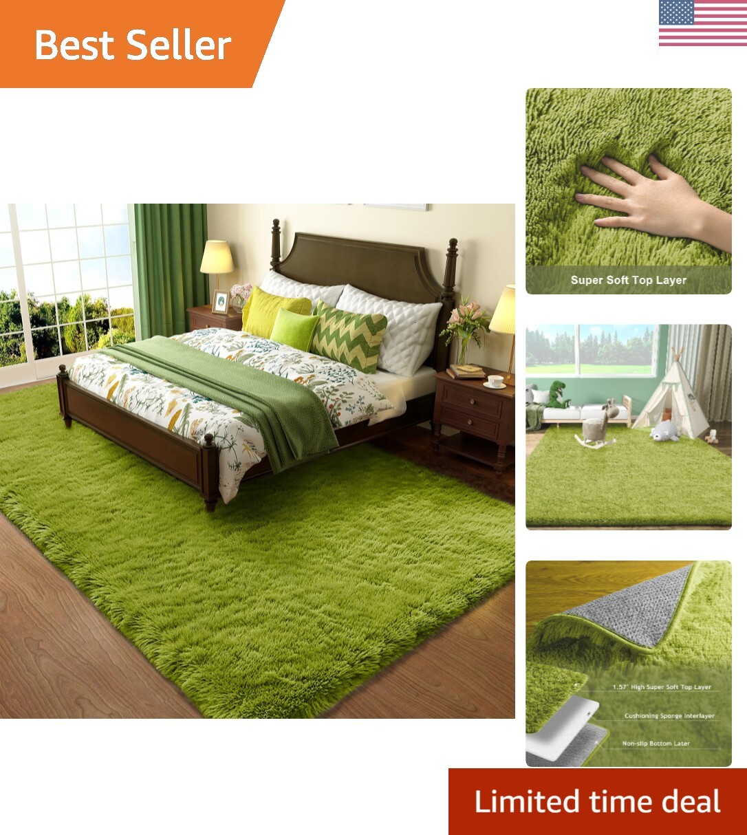 Soft Shag Green Area Rug, 4×6 – Modern Plush Carpet for Playrooms & More