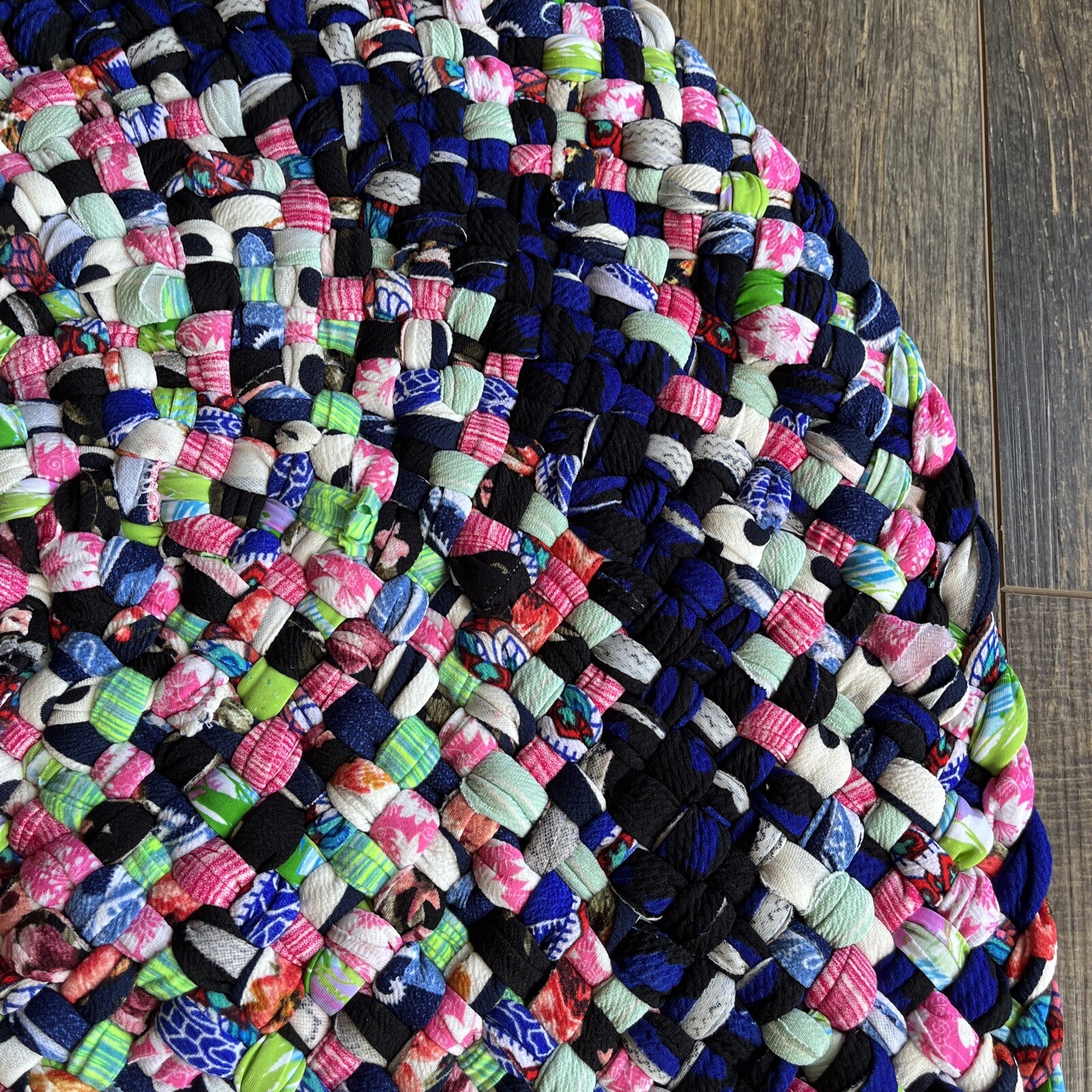 Homemade Braided Rug, Made With Knit, Washable, Blue/White/Pink, 40”L x 29”W NEW