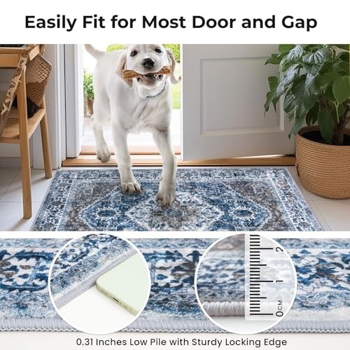 KOZYFLY 3×5 Ft Boho Area Rug Washable Non-Slip Vintage Kitchen Entryway Blue Rug