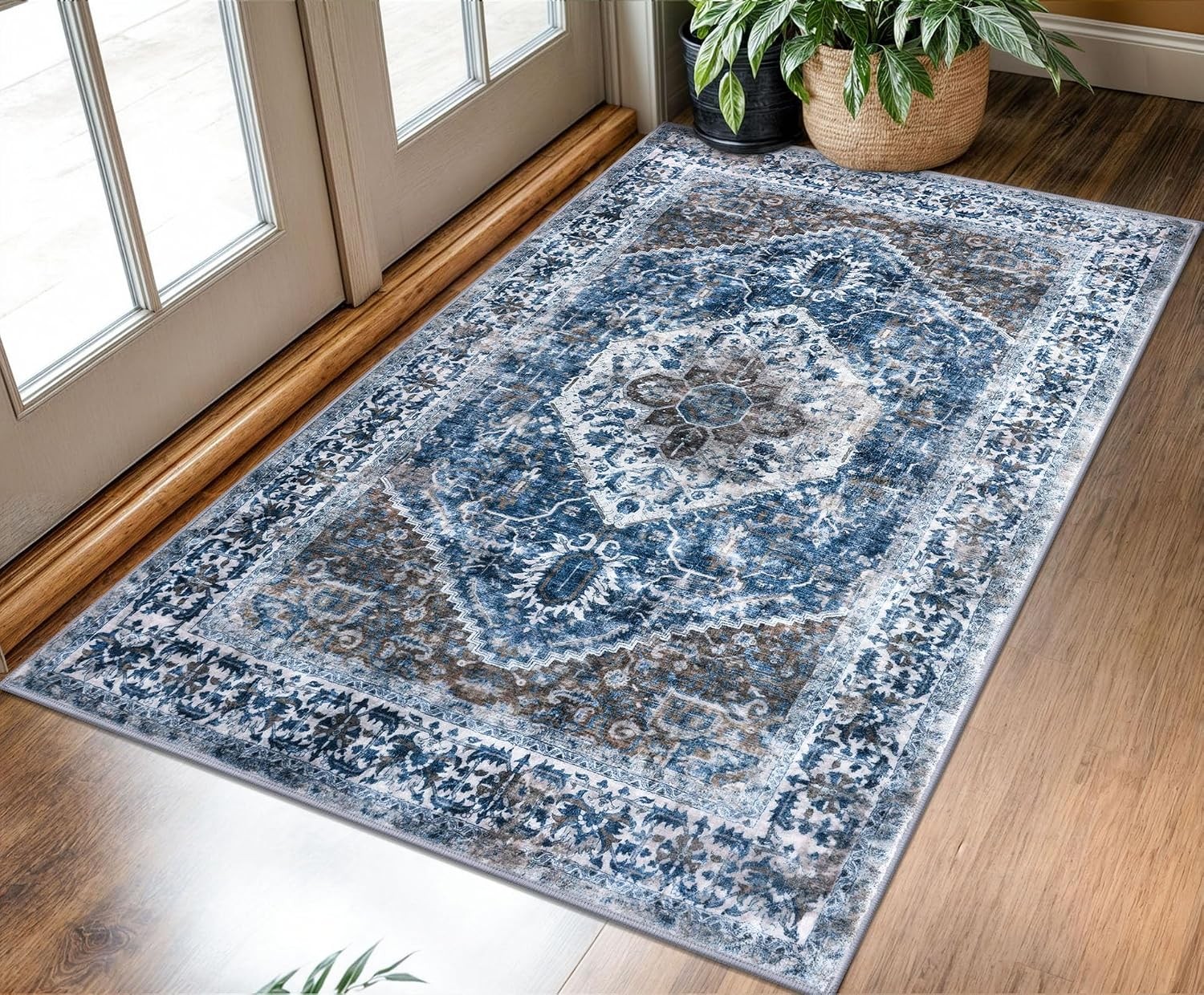 KOZYFLY 3×5 Ft Boho Area Rug Washable Non-Slip Vintage Kitchen Entryway Blue Rug