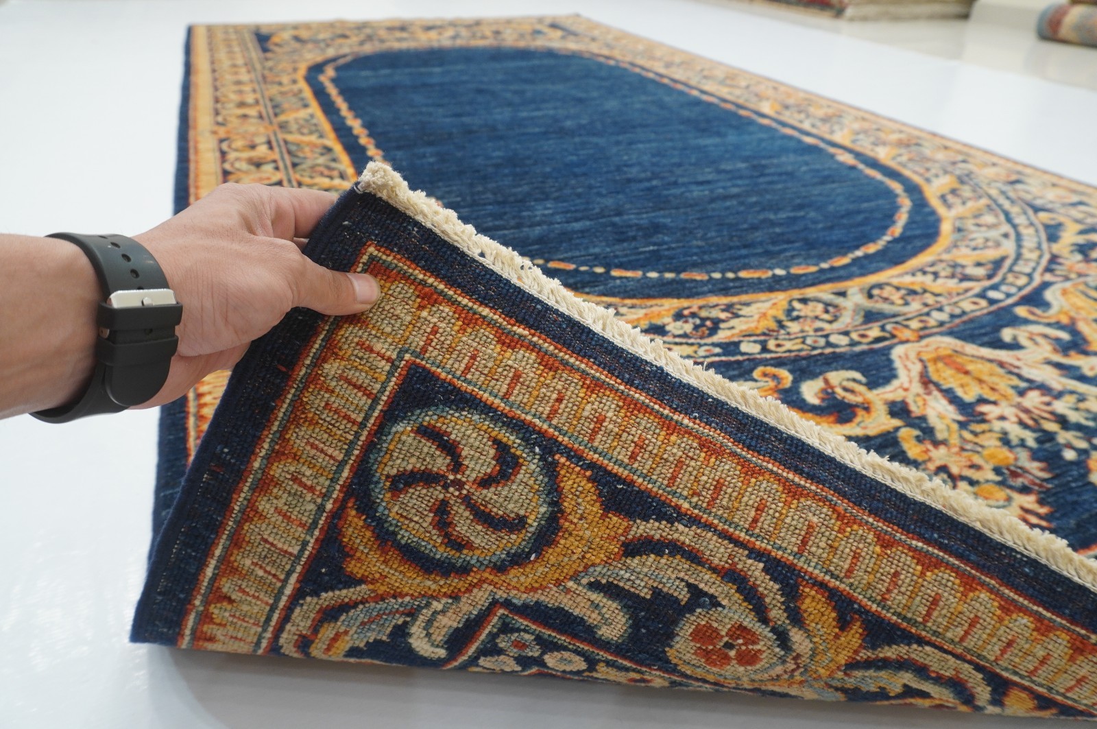 5×12 ft Navy Blue French Savonnerie Afghan Hand-Knotted Rug
