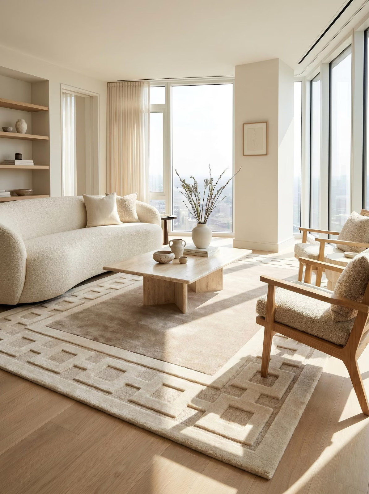 Luxury Greek Key Hand Tufted Handmade Neutral Area Rug Modern Beige Living Room