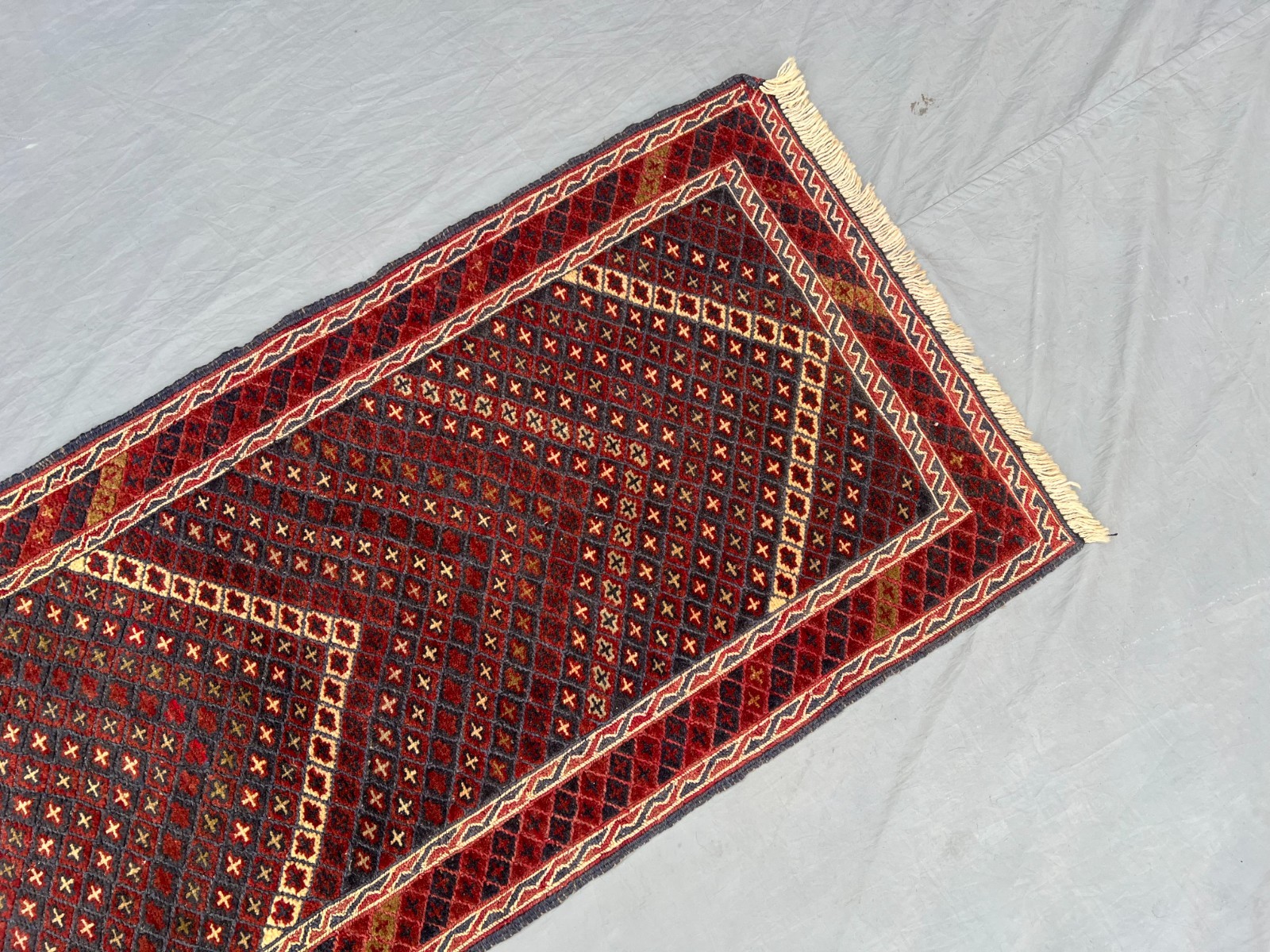 2’1 x 9’2 Ft Classic Afghan Mishwani Runner Rug – Deep Red Geometric Pattern Rug