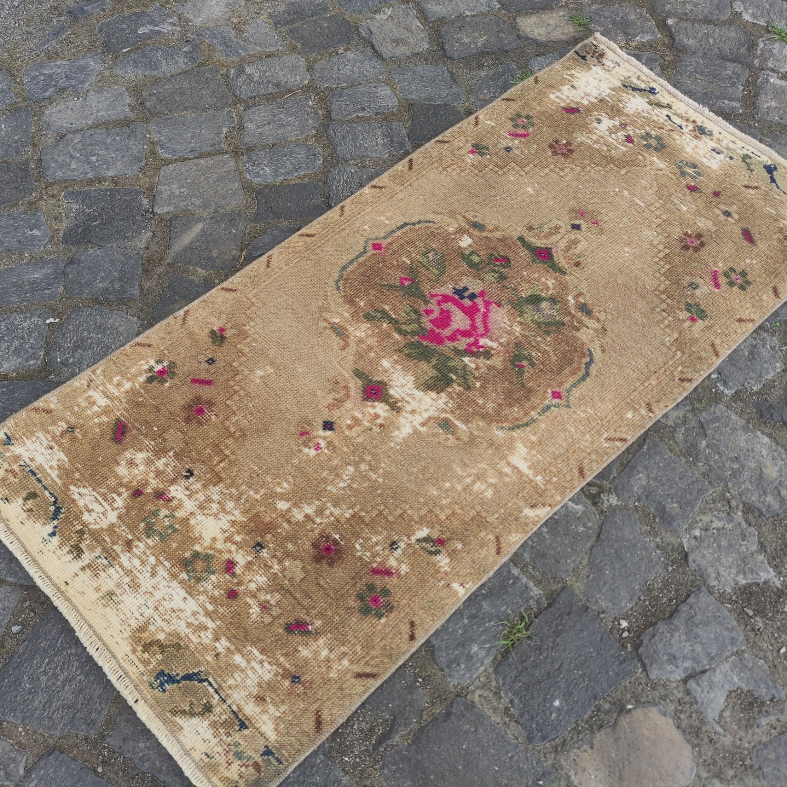 Roses Vintage rug 2×4 mini runner rug 1.74 x 3.74 ft. worn carpet 53 x 114 cm