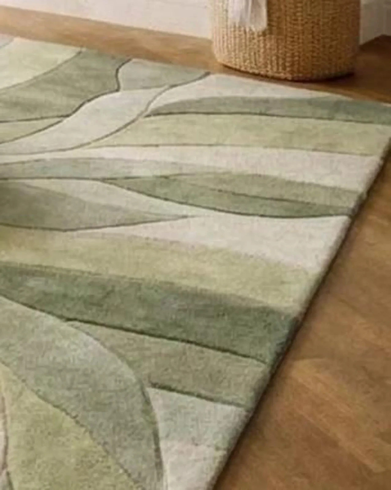 Abstract Rug, Wavy Pattern, Sage Green & Cream Wool, Hand-Tufted Modern Texture