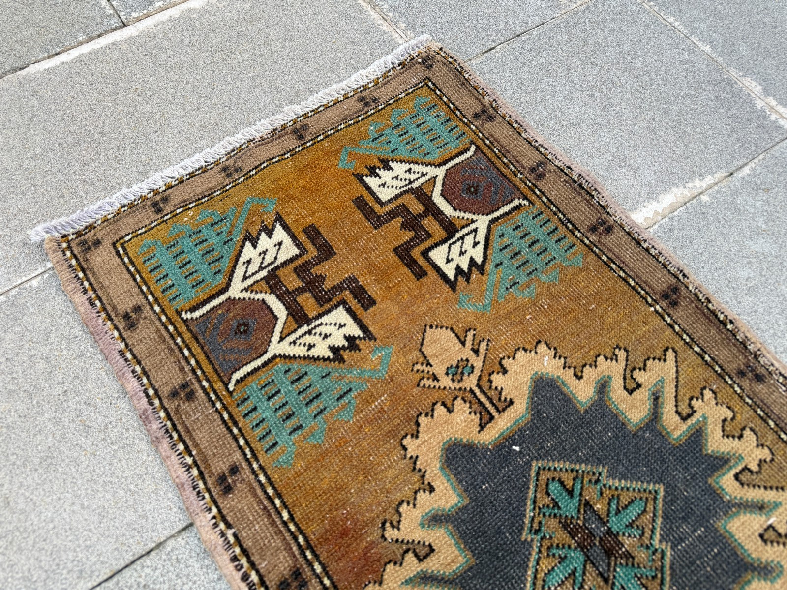Vintage Turkish Rug 1.7×3.6 ft Tobacco Brown Charcoal Boho Accent Rug
