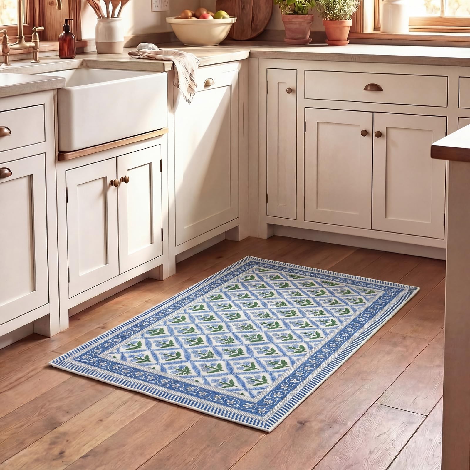 Blue Block Print Area Rug for Entryway 2” x 3” Vintage Floral Farmhouse Car…