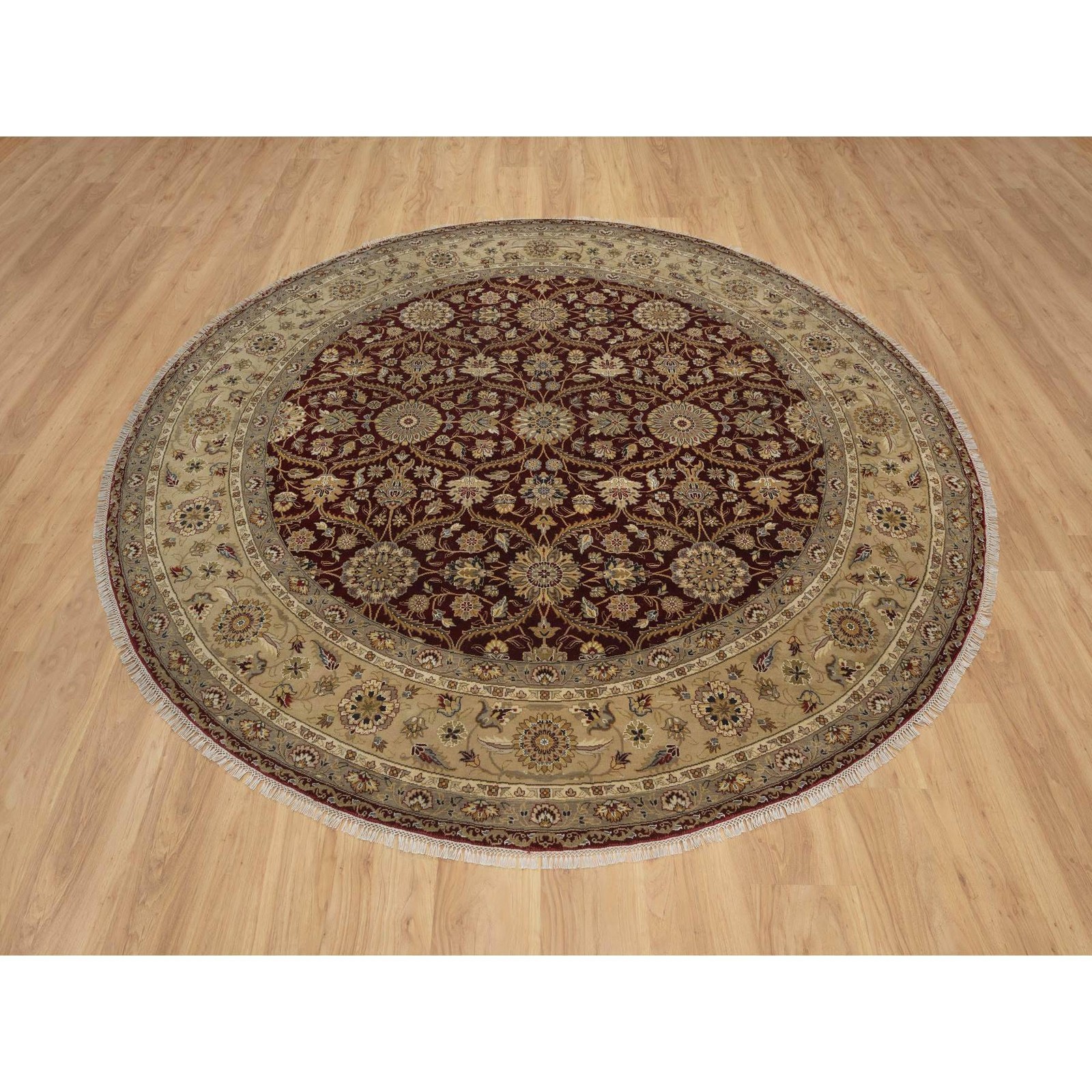 8’1″ x 8’1″ Wine Red Hereke Design Wool and Silk Hand Knotted Round Rug R91438