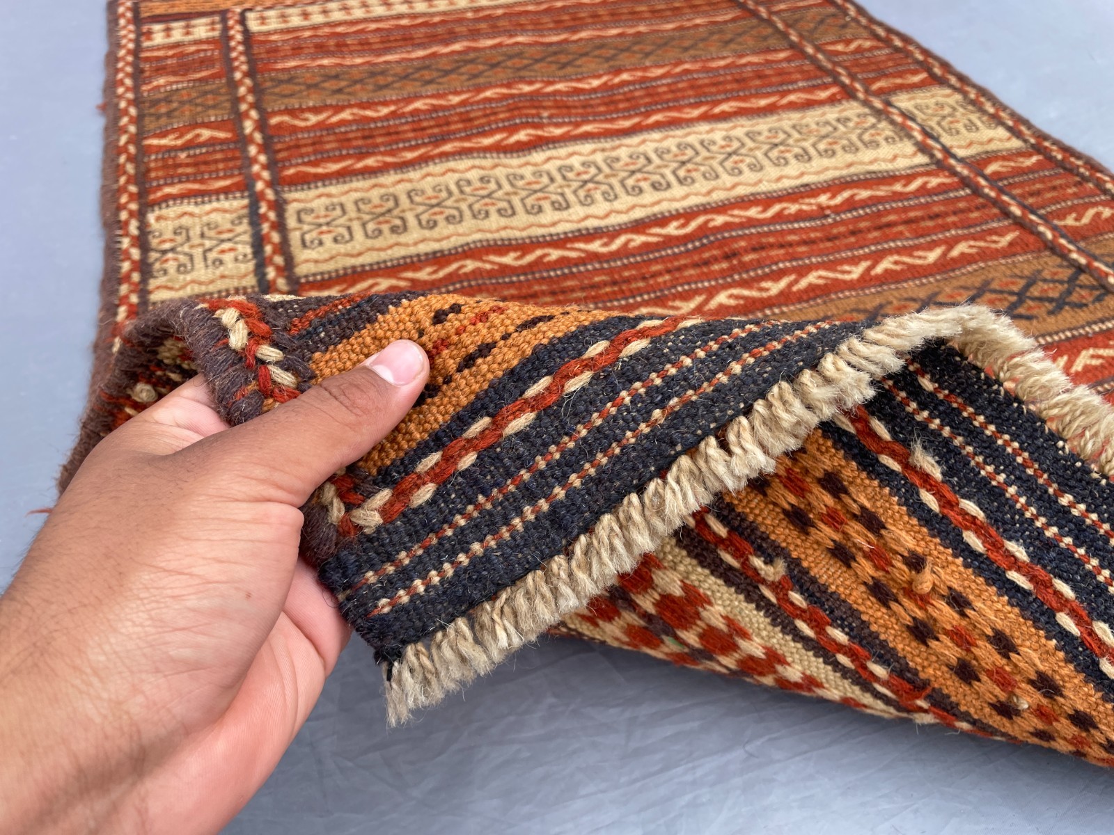 2×3 Handwoven Afghan Kilim Rug Tribal Wool Flatweave with Hooked Motifs N Stripe