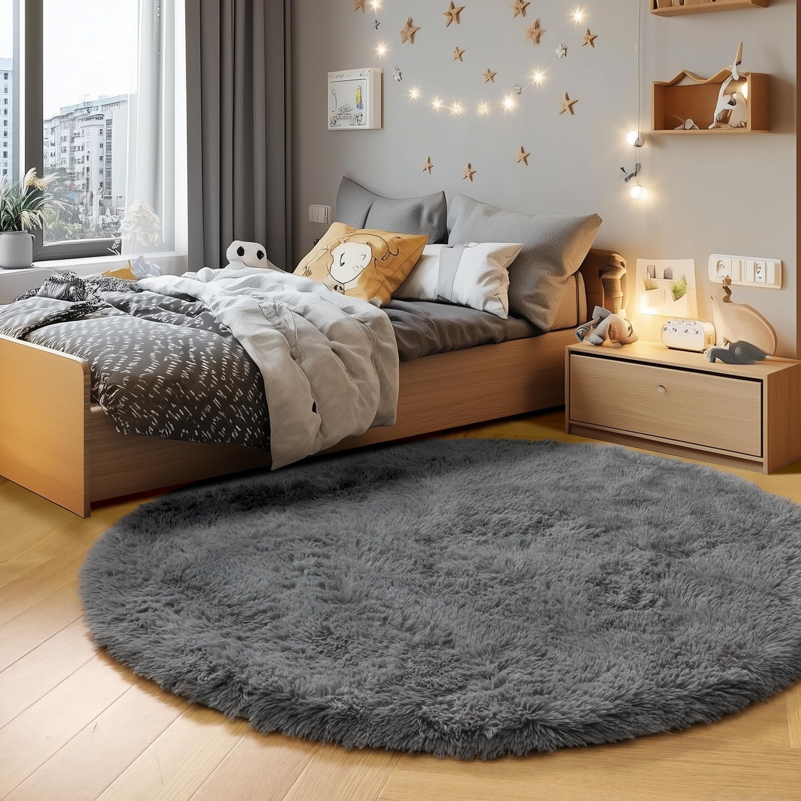 PAGISOFE Round Rug 4Ft, Grey Circle Rugs for Kids Bedroom, Fluffy Carpets for…