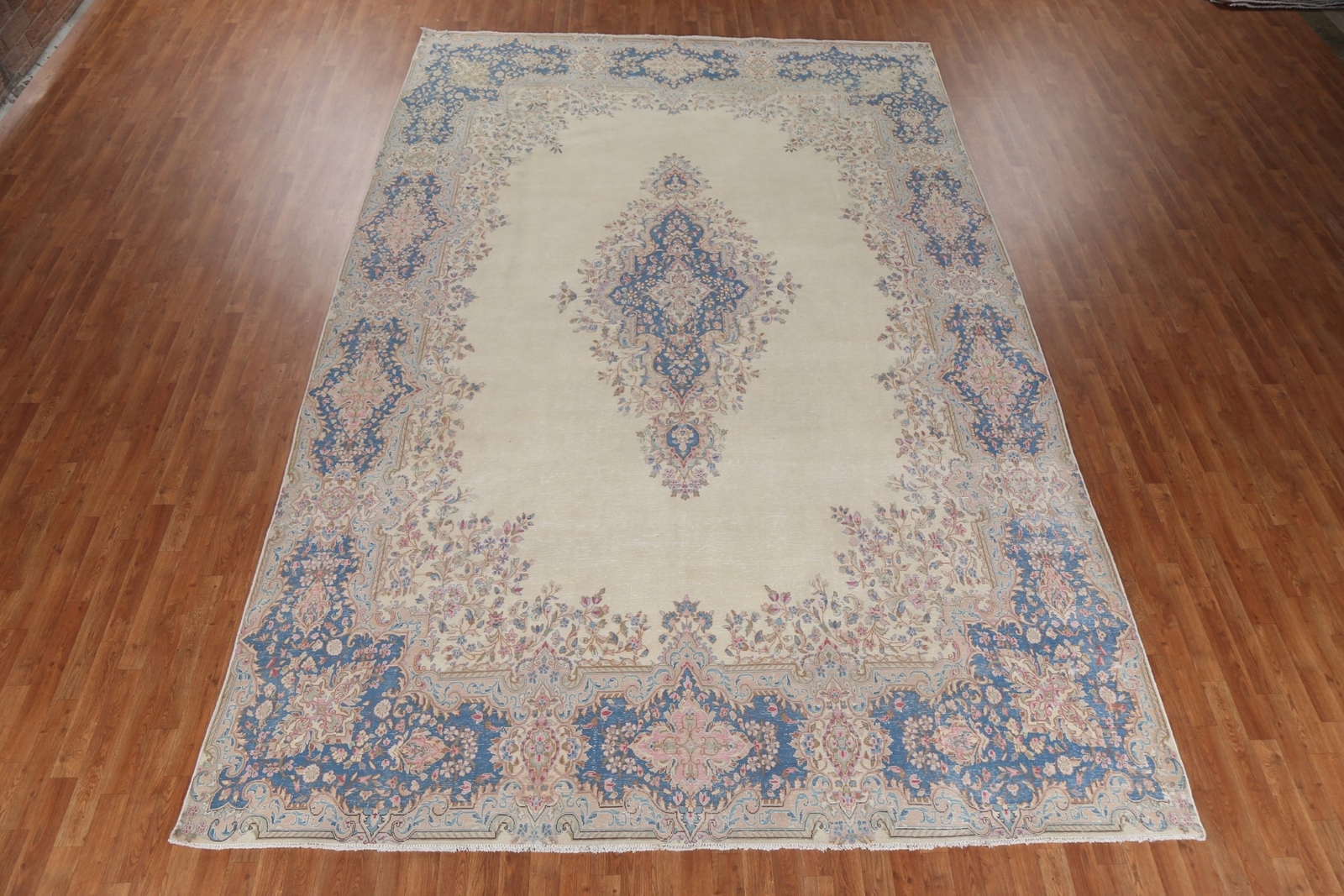 Vintage Ivory/ Blue Wool Medallion Kirman Traditional Handmade Area Rug 10×14