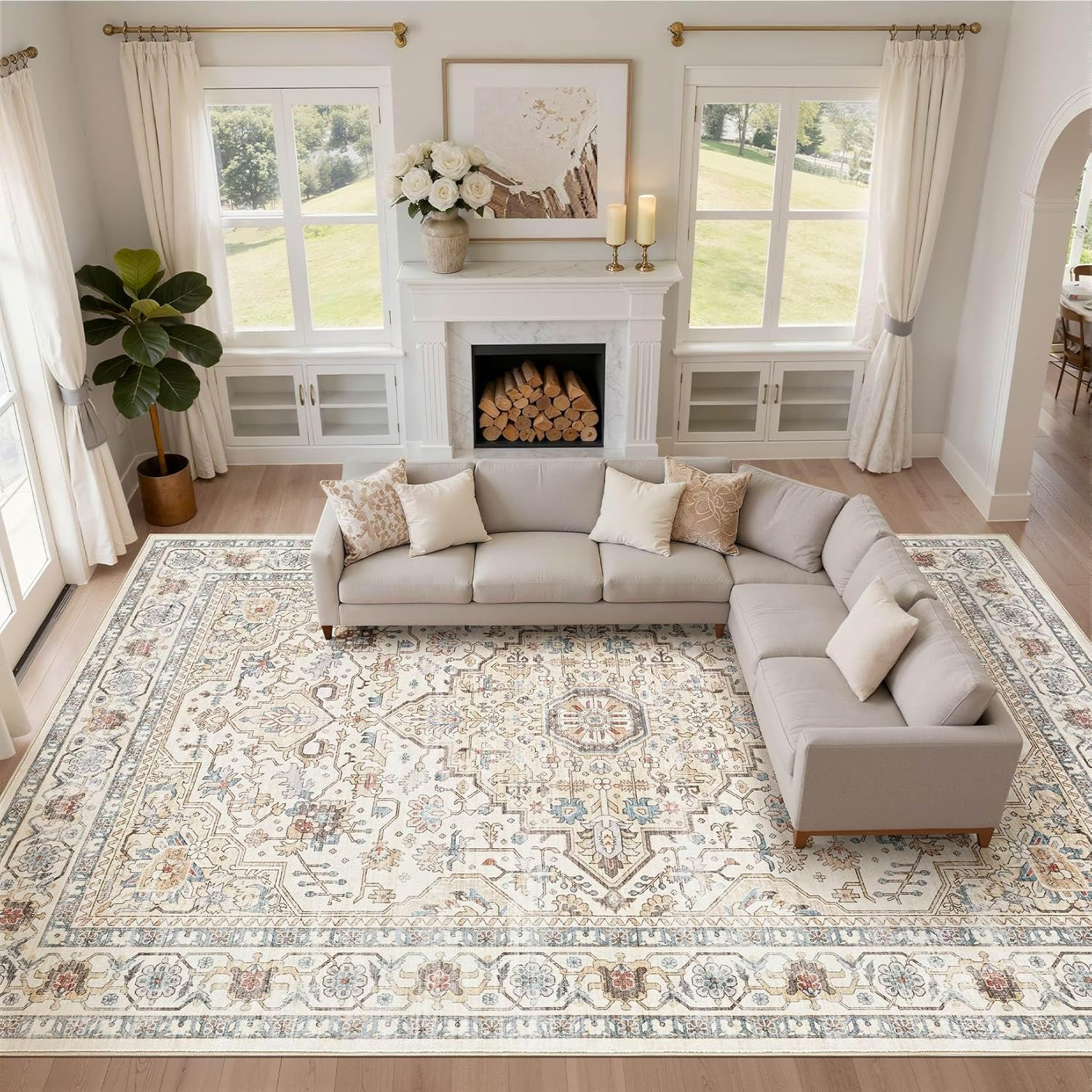 10×14 Washable Area Rug Boho Vintage Non Slip Soft Farmhouse Carpet Cream Blue