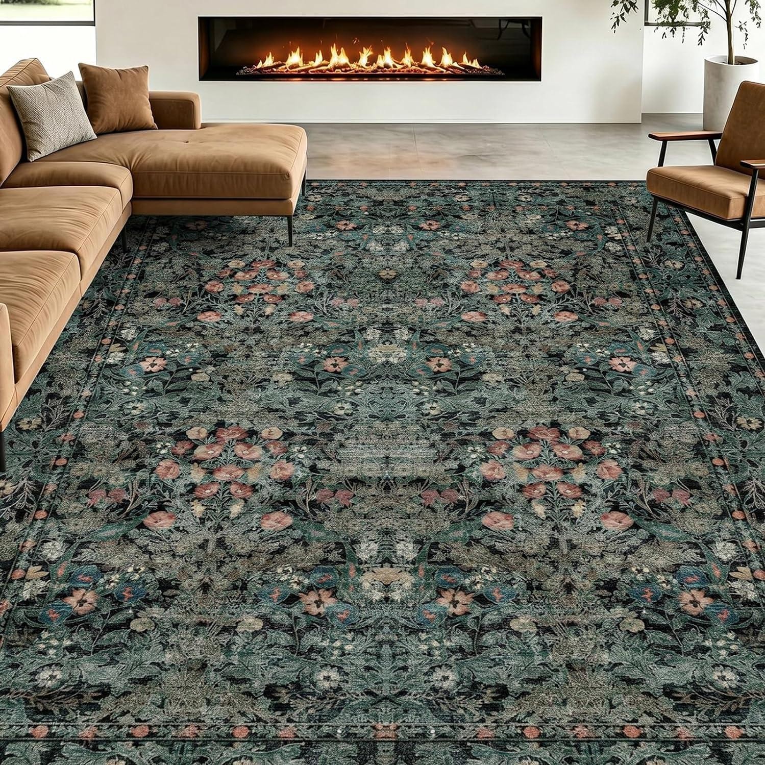 Dark Green Boho 5×7 Area Rugs for Bedroom Aesthetic, Washable Floral Rug