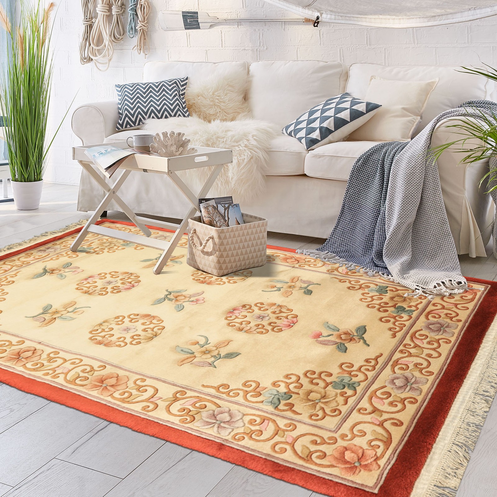 4×6 Hand-Knotted Wool Beige Chinese Art Deco Plush Pile Velvety Soft Rug
