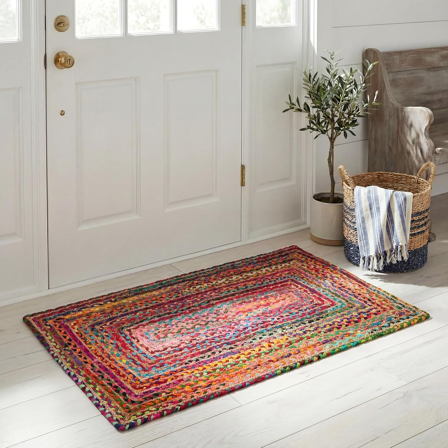 Cape Cod Collection Area Rug – 2’3″ X 4′, Red & Multi, Handmade Jute & Cotton, W