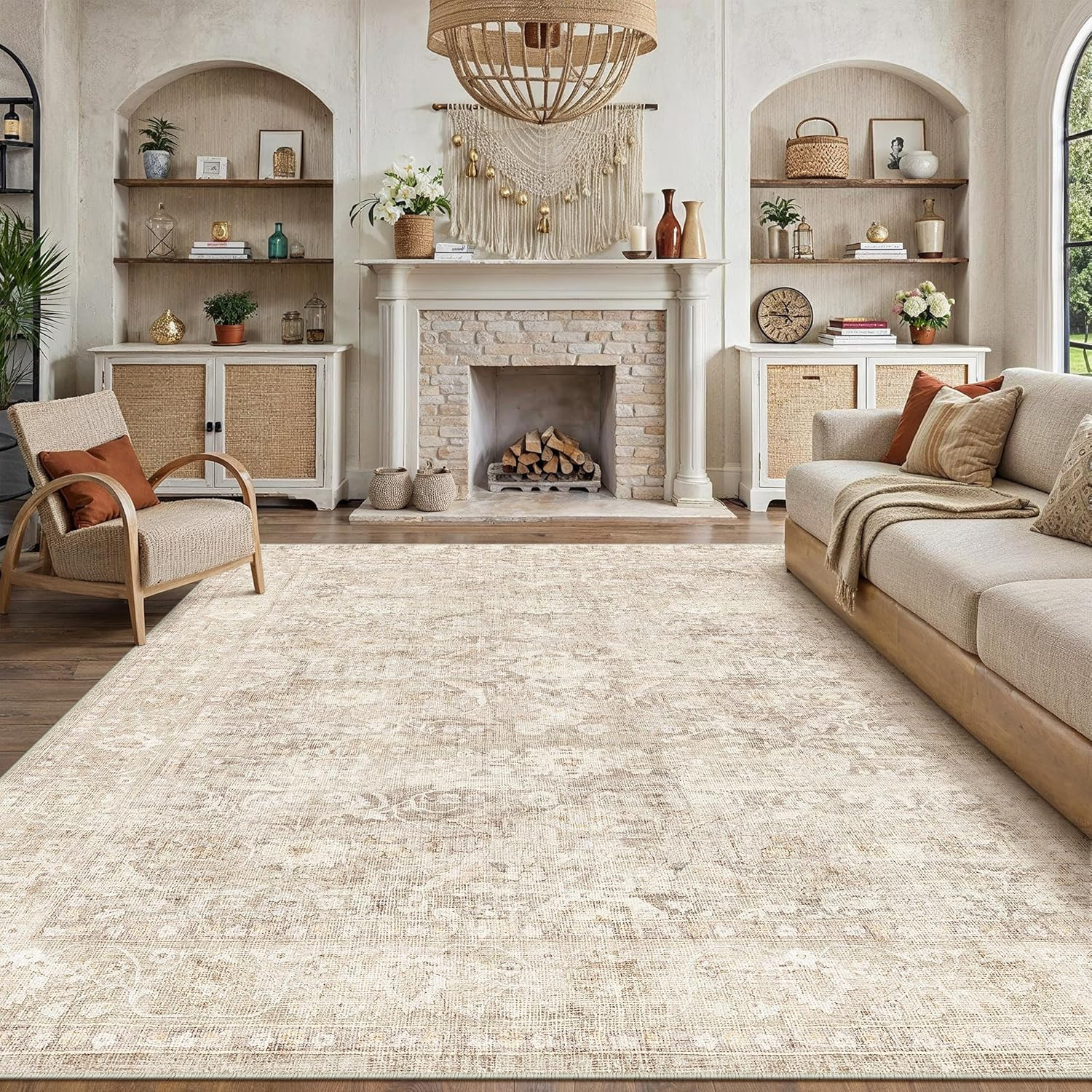 8X10 Beige Washable Area Rug for Living Room Bedroom Neutral Soft Non Slip Rug L