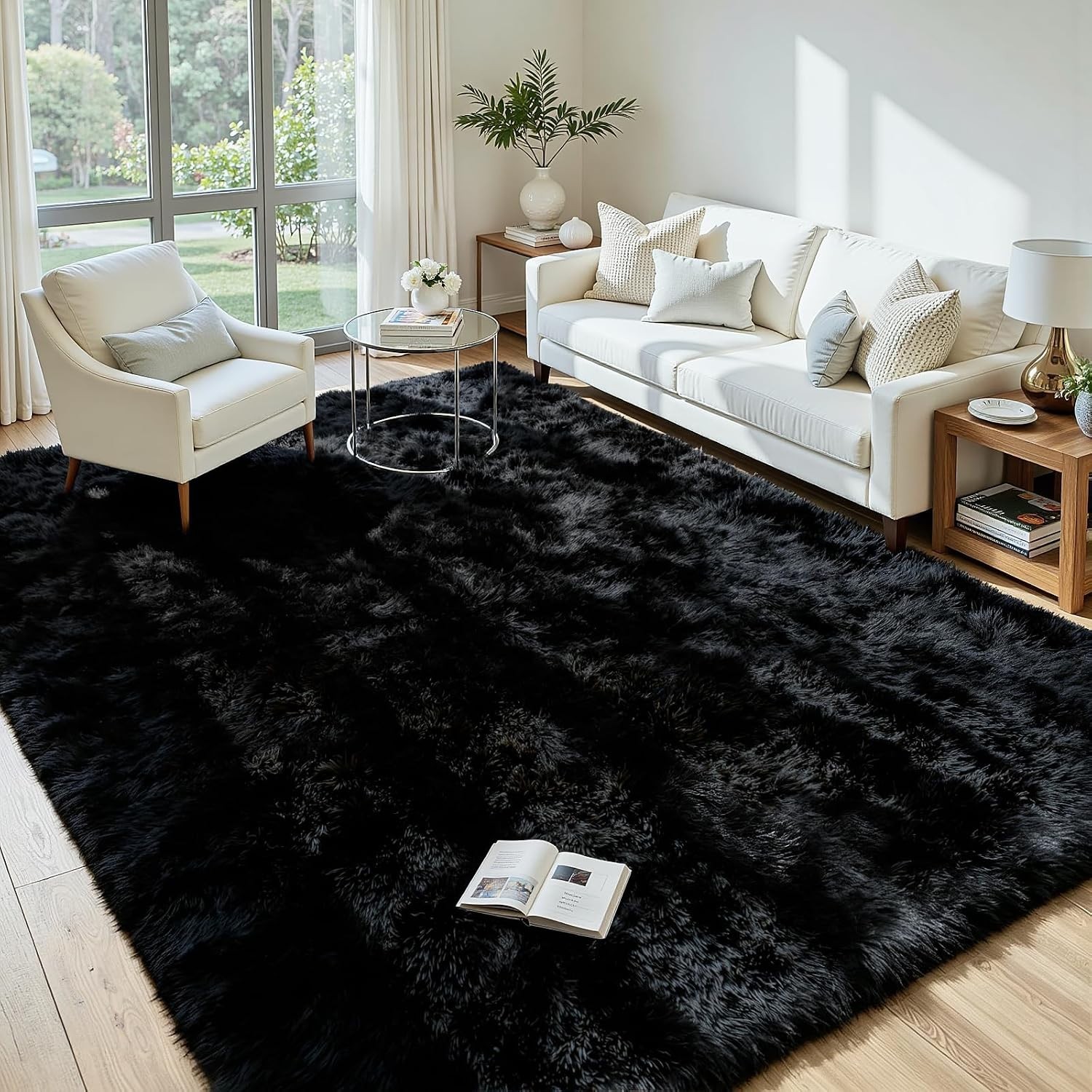 Fluffy Area Rug 8×10 Large Ultra Soft Plush Shag Black Mat for Living Room Floor