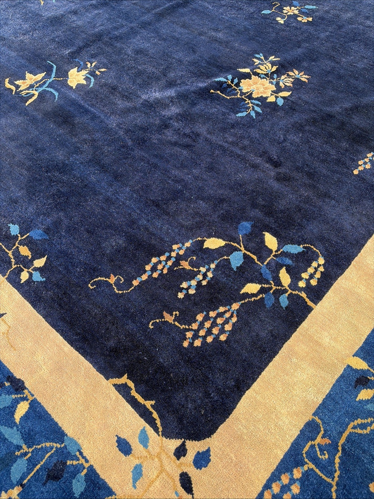 Auth: 19th C Antique Chinese Rug Silky Peking Variant indigo Blue 11×17