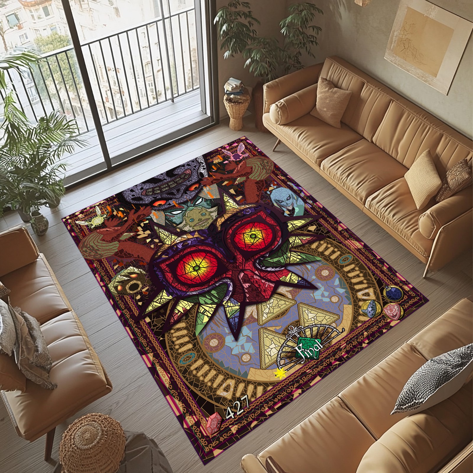ZeldaFantasy Mask Rug,Red Green Majora Design Carpet,Colorful Tribal Pattern rug