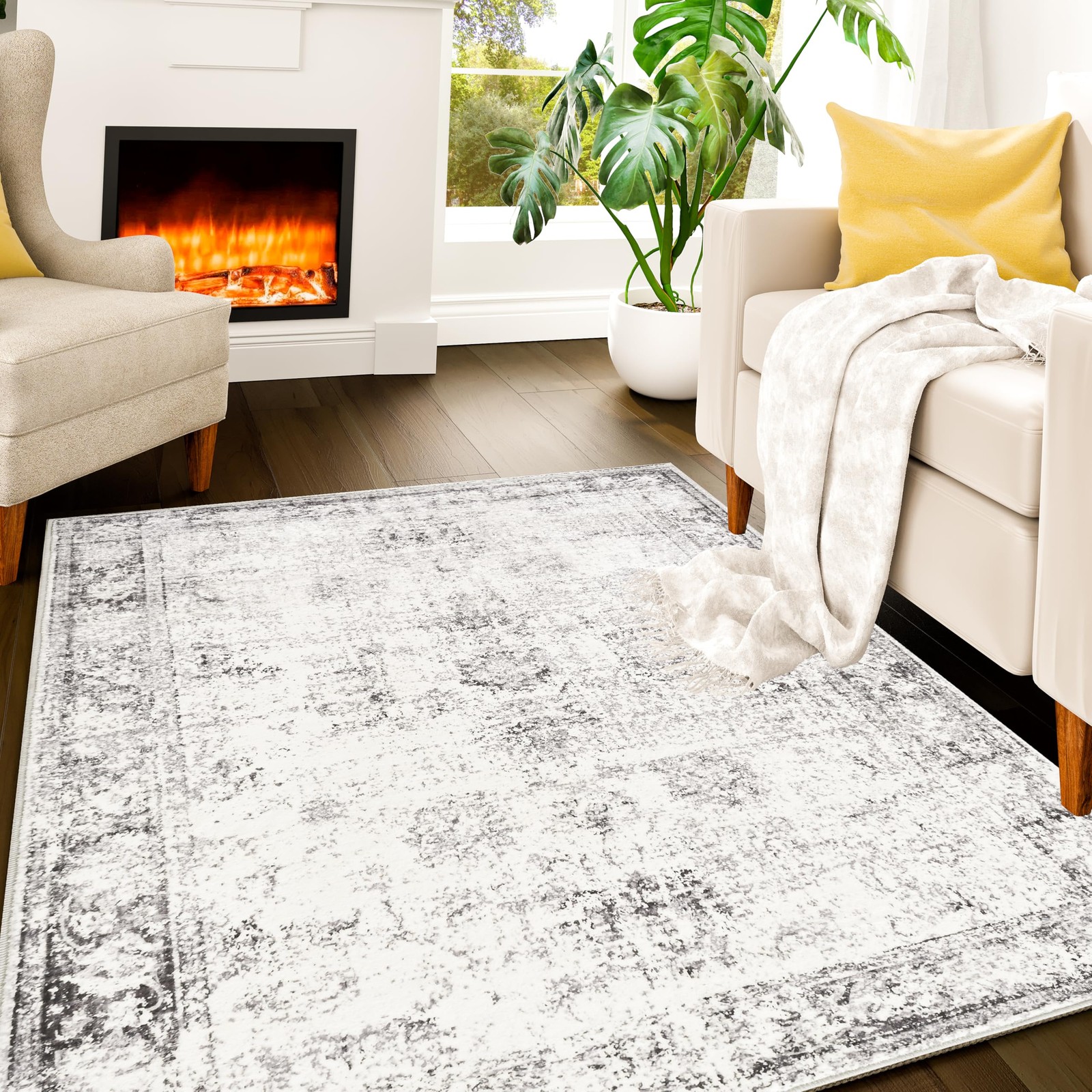 Istana Rugs 3×5 – White Cream/Grey Area 3′ x 5′ (Rectangular), Misty Grey