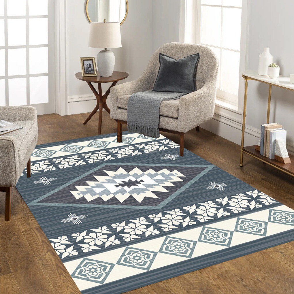Aztec Tribal Traditional Classic Rugs Blue Grey Beige Geometric Pattern Carpet